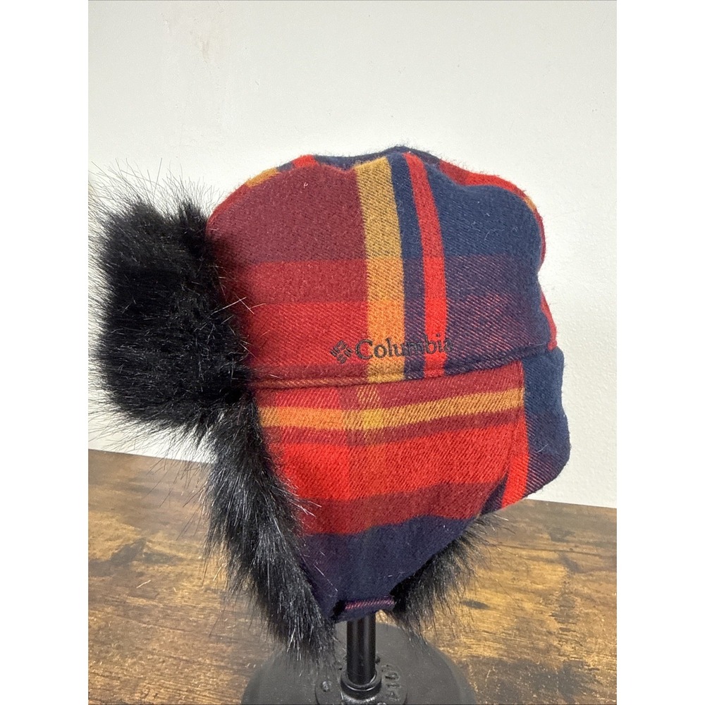 Columbia Trapper Hat Faux Fur Fleece Lined Plaid Red Black S/M Chin Snap